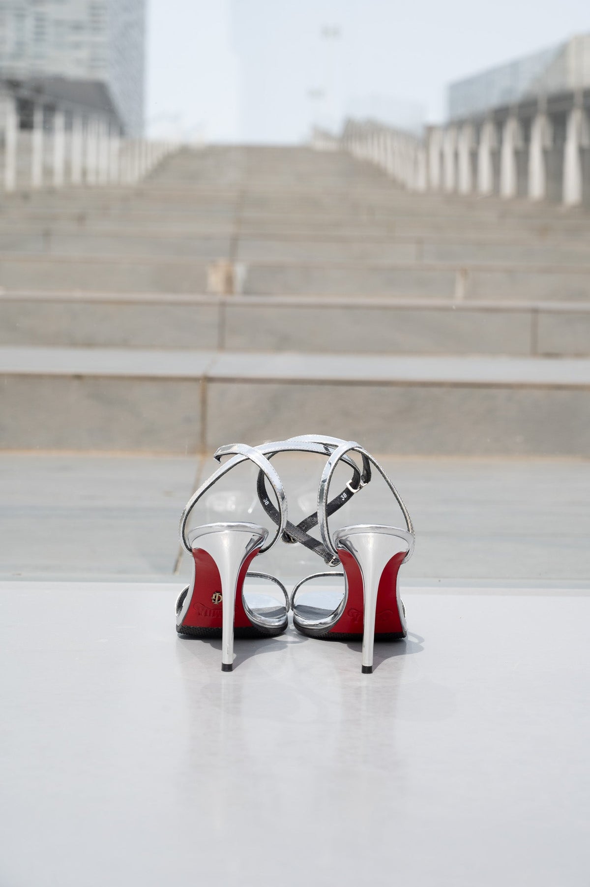 Emilia - Women's Silver Grey High Shine Strapped 90mm Heels