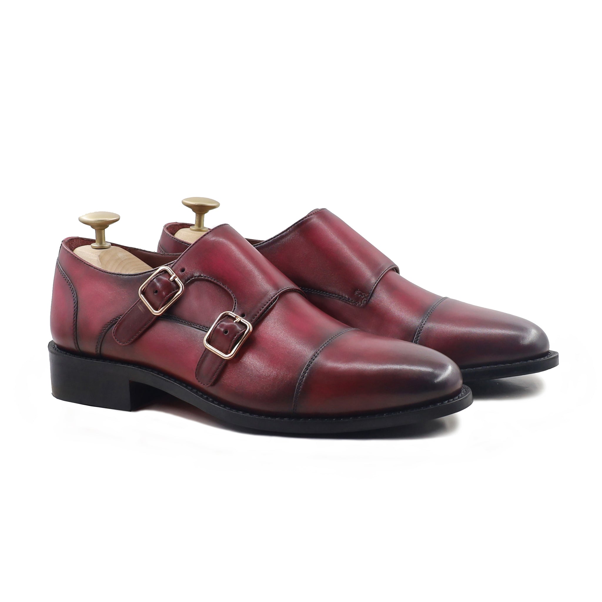Kayden - Men's Burnished Cherry Calf Leather Double Monkstrap - Goodyear Welted