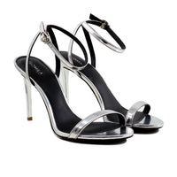 Emilia - Women's Silver Grey High Shine Strapped 90mm Heels
