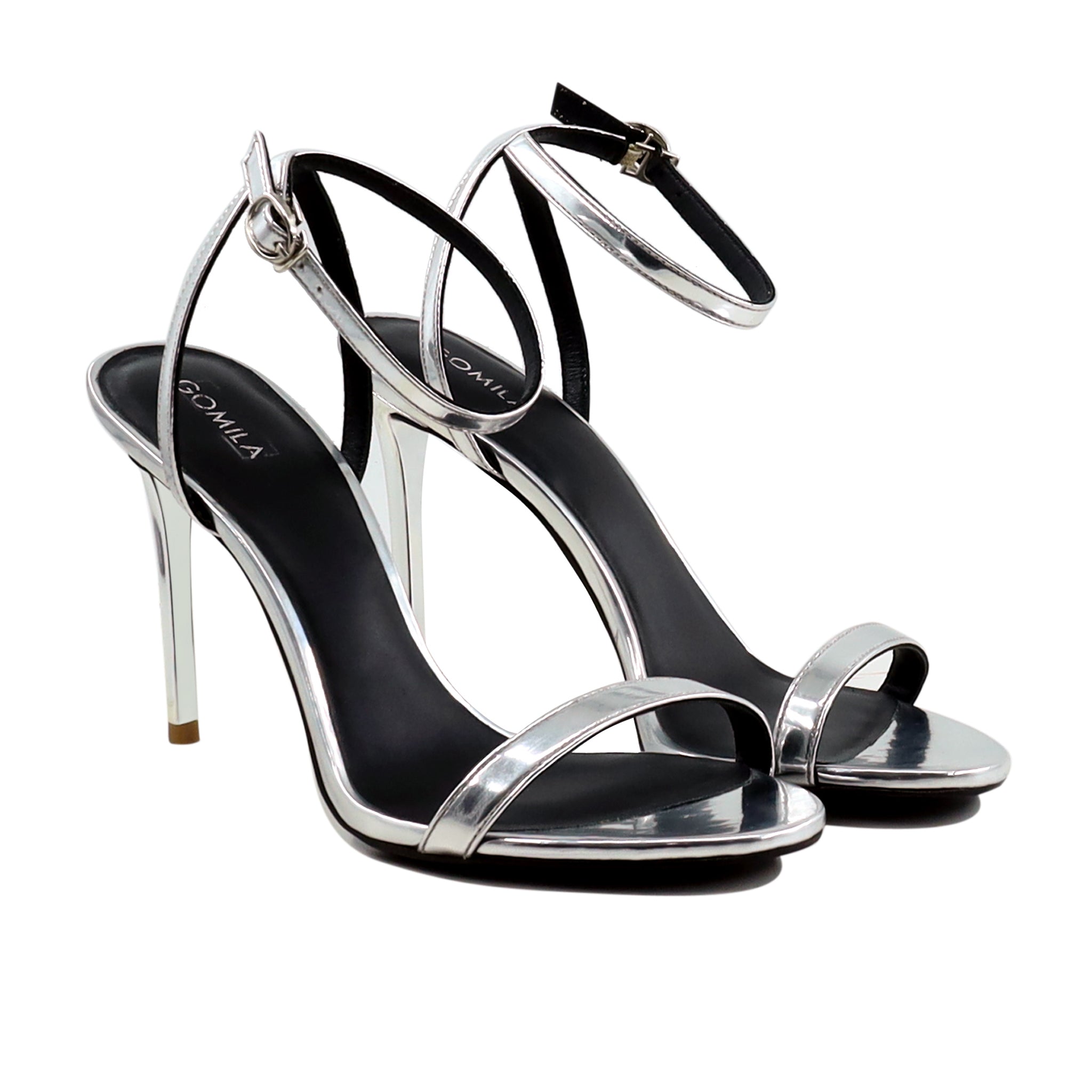 Emilia - Women's Silver Grey High Shine Strapped 90mm Heels