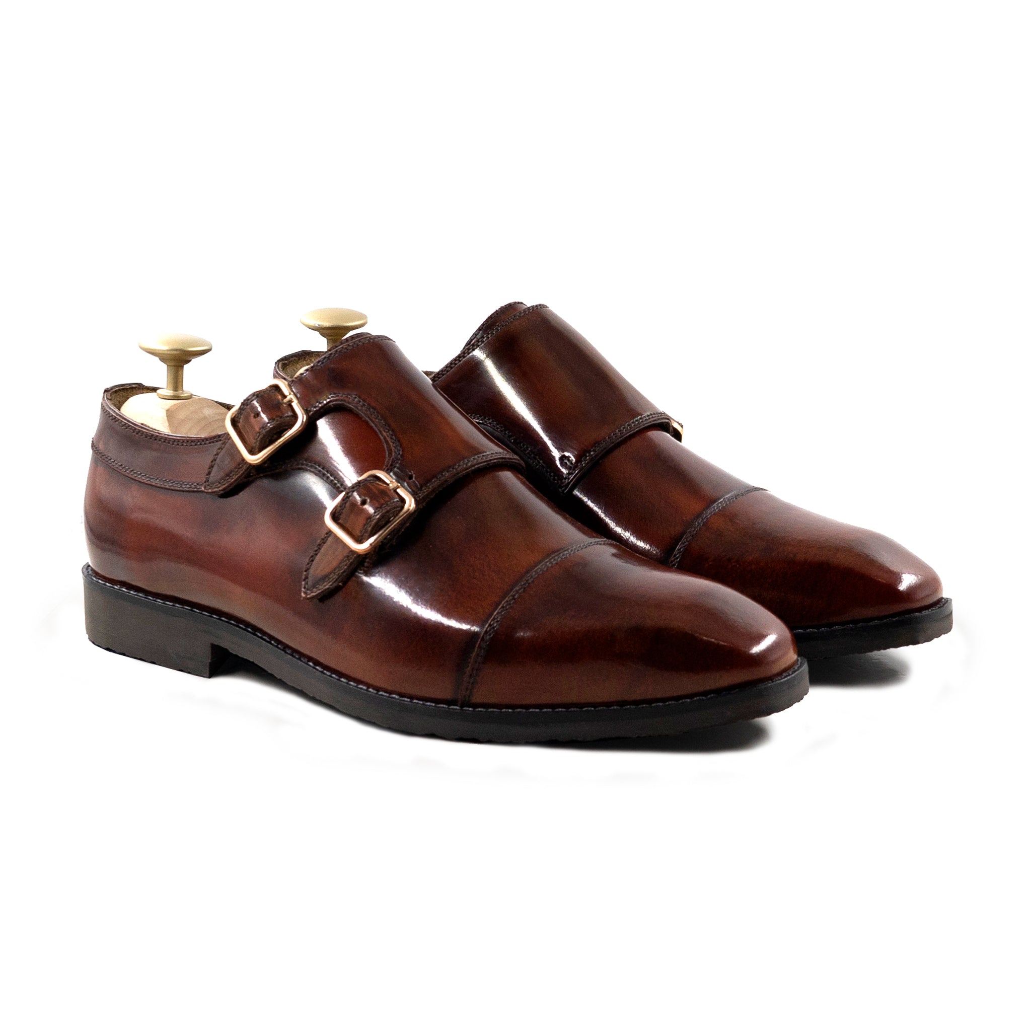 Velori - Men's Reddish Brown Box Leather High Shine Double Monkstrap