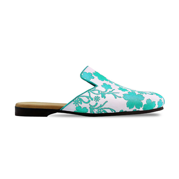 Cassie - Men's White Calf Leather And Cyan Embroidery Slipper