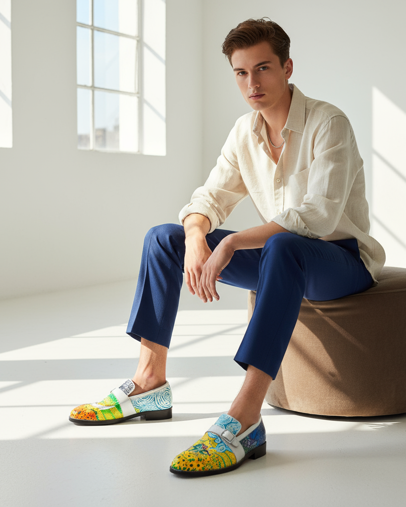 Elios - Men's White Hand Painted Strapped Loafer