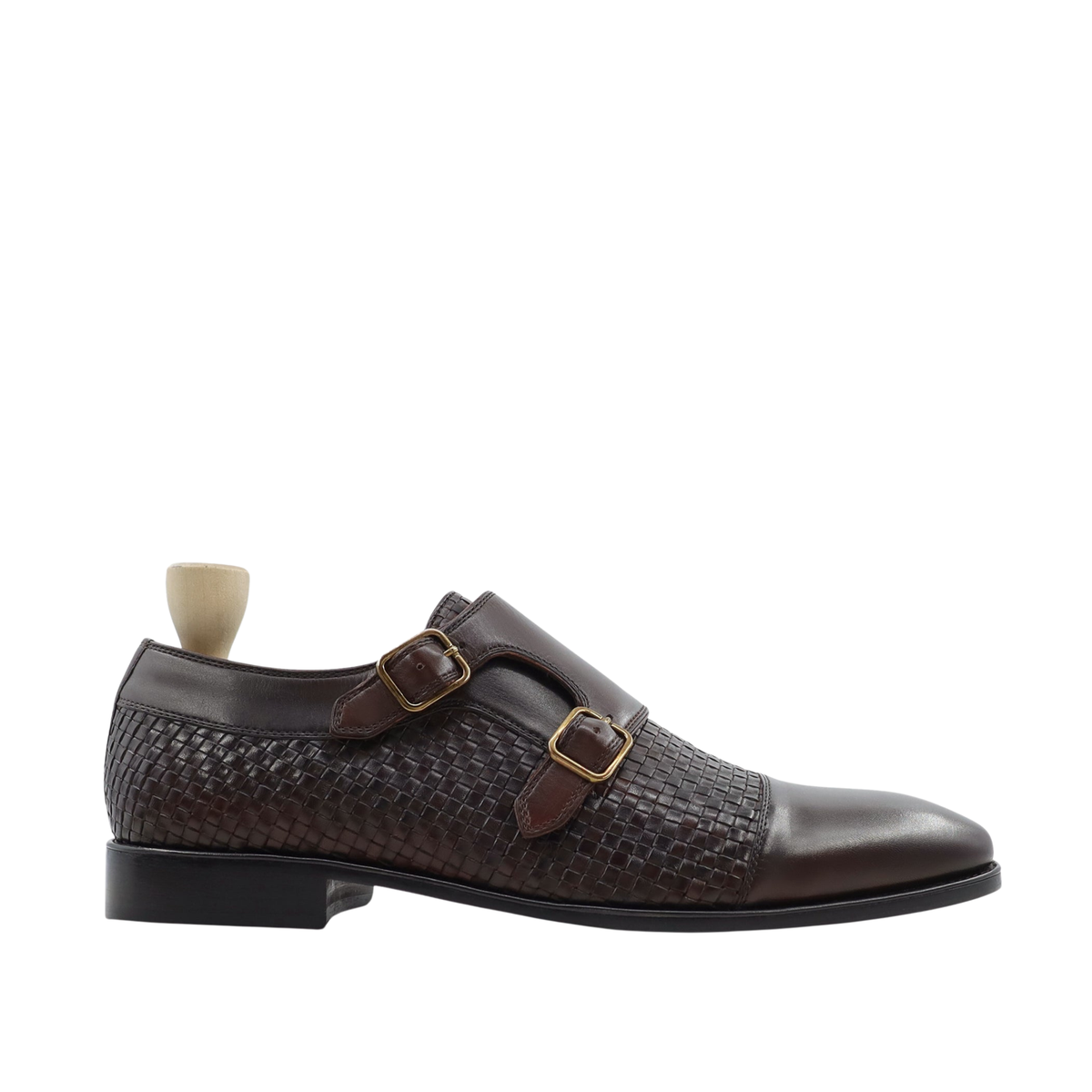 Alingsas - Men's Dark Brown Calf and Hand Woven Calf Leather Double Monkstrap
